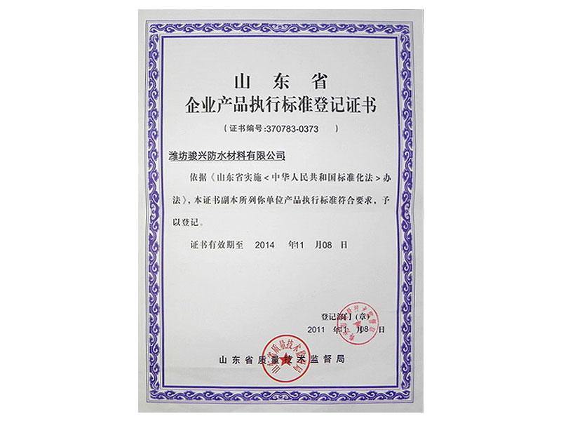 Shandong enterprise products executive standard grade certificate